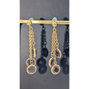 Vintage Gold Tone Three Chain Bezel Set Purple Crystal Dangle Earrings